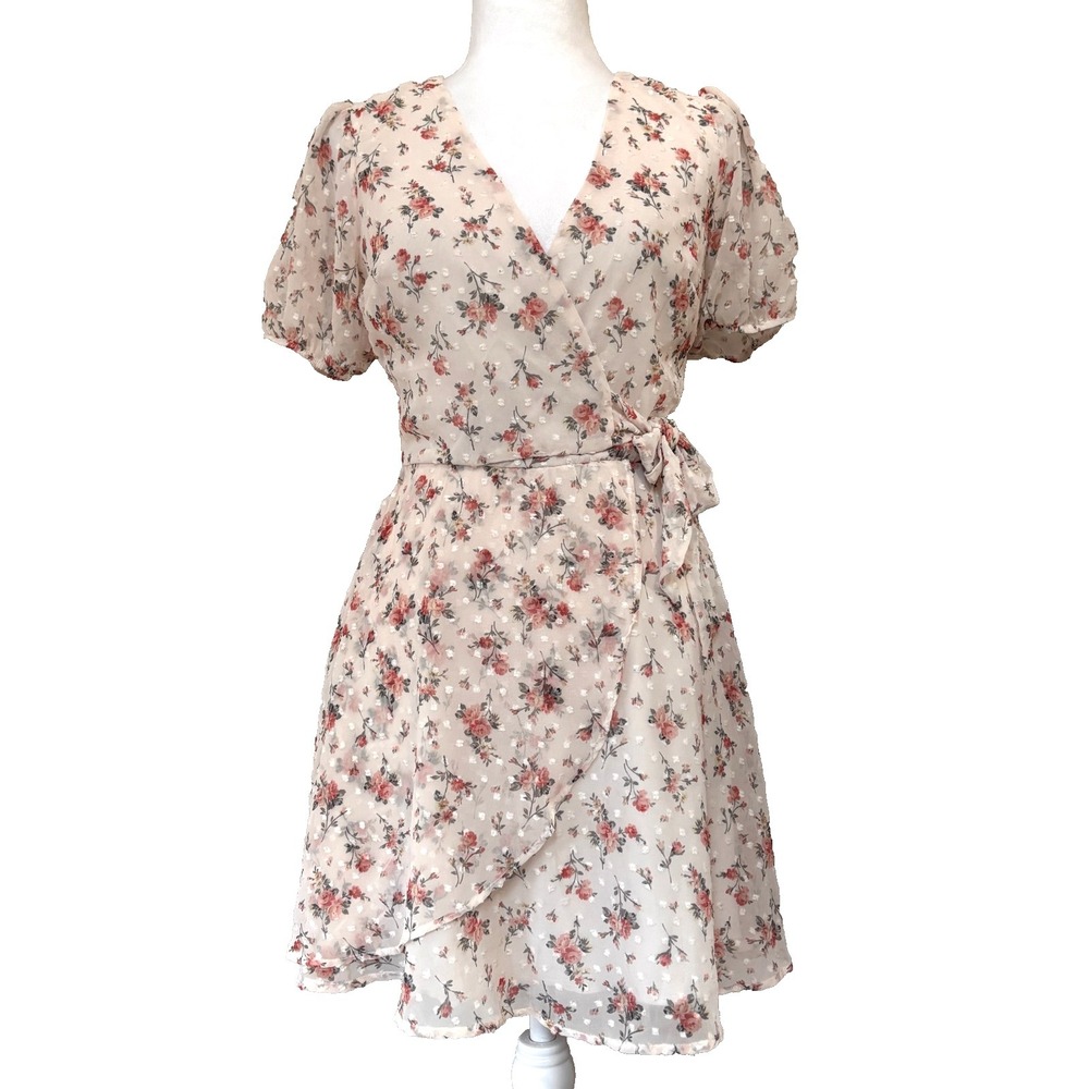 Mi Ami Francescas Chiffon Swiss Dot Mini Wrap Dress Size XS Floral Cottage Party